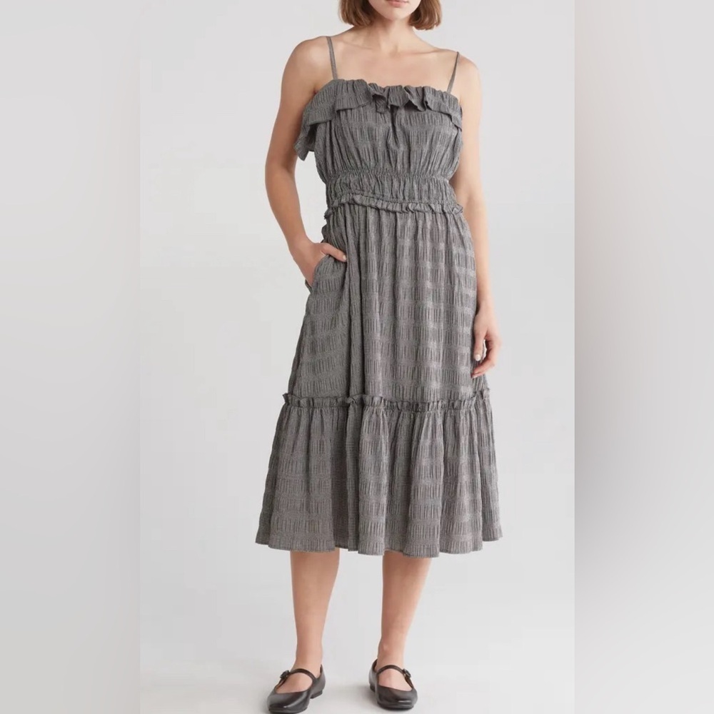 Tahari Womens Gingham Ruffle‎ Tiered Midi Dress Black White Size S THF24004A